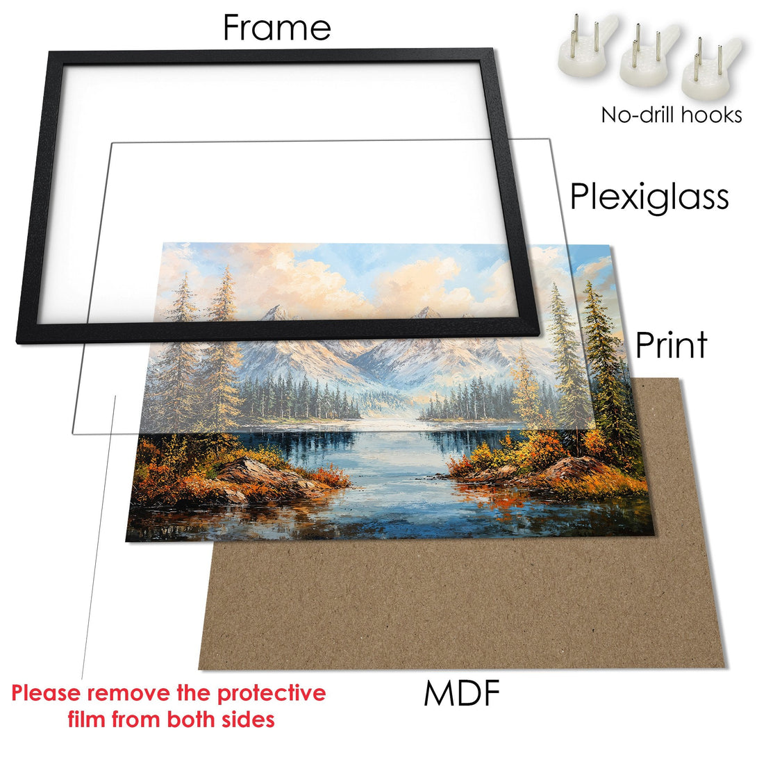 Framed Poster featuring a serene landscape painting with mountains, lake, and trees. Earthy tones with blue sky. Ready to hang!