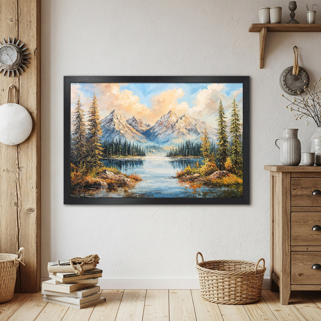 Framed Poster of a mountain lake landscape. Oil painting style with warm, earthy tones and cool blues. Perfect wall art.