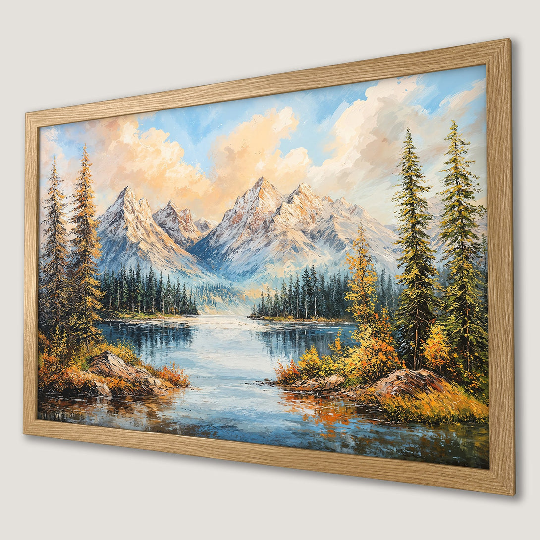 Framed Poster featuring a stunning mountain landscape painting in vibrant blues, greens, and golds. Perfect wall art!