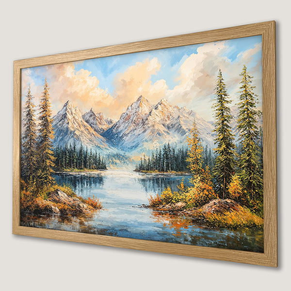 Framed Poster featuring a stunning mountain landscape painting in vibrant blues, greens, and golds. Perfect wall art!