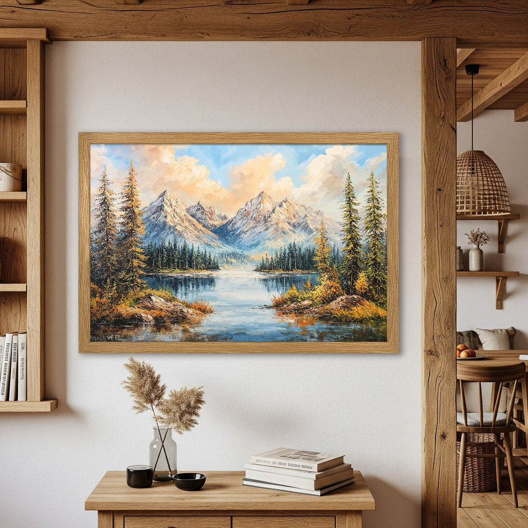 Framed Poster of a serene mountain lake landscape painting. Warm, earthy tones and a classic art style. Perfect wall decor.
