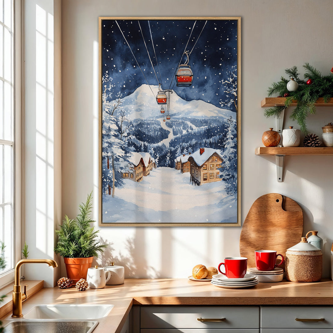 Framed Wall Art: Watercolor winter ski scene with blue, white, and red hues. Cozy mountain landscape Canvas Print for home decor.