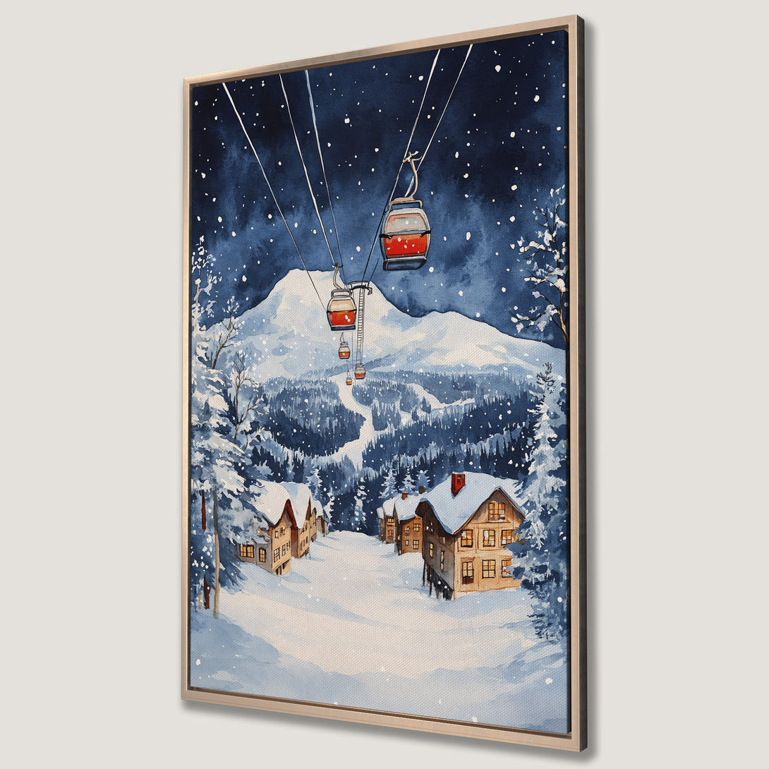 Framed Wall Art featuring a watercolor winter landscape with ski lifts, cabins, and snowy mountains. Blue and white color palette, perfect for cozy decor.