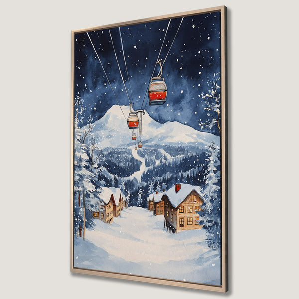 Framed Wall Art featuring a watercolor winter landscape with ski lifts, cabins, and snowy mountains. Blue and white color palette, perfect for cozy decor.