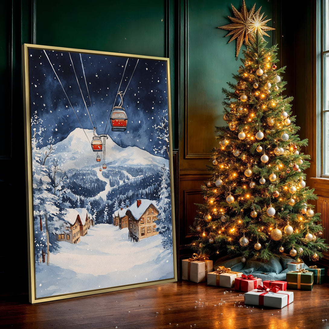 Canvas Print of a watercolor winter ski scene, featuring a mountain, ski lift, and cabins. Blue and white color palette creates a cozy, snowy atmosphere.