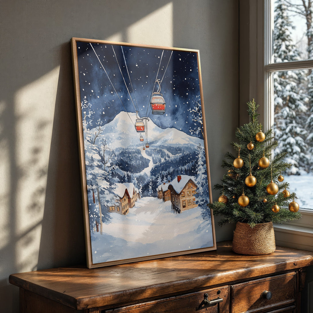 Framed Wall Art of a winter ski resort scene in watercolor style. Blue, white, and brown color palette. Perfect for cozy home decor.