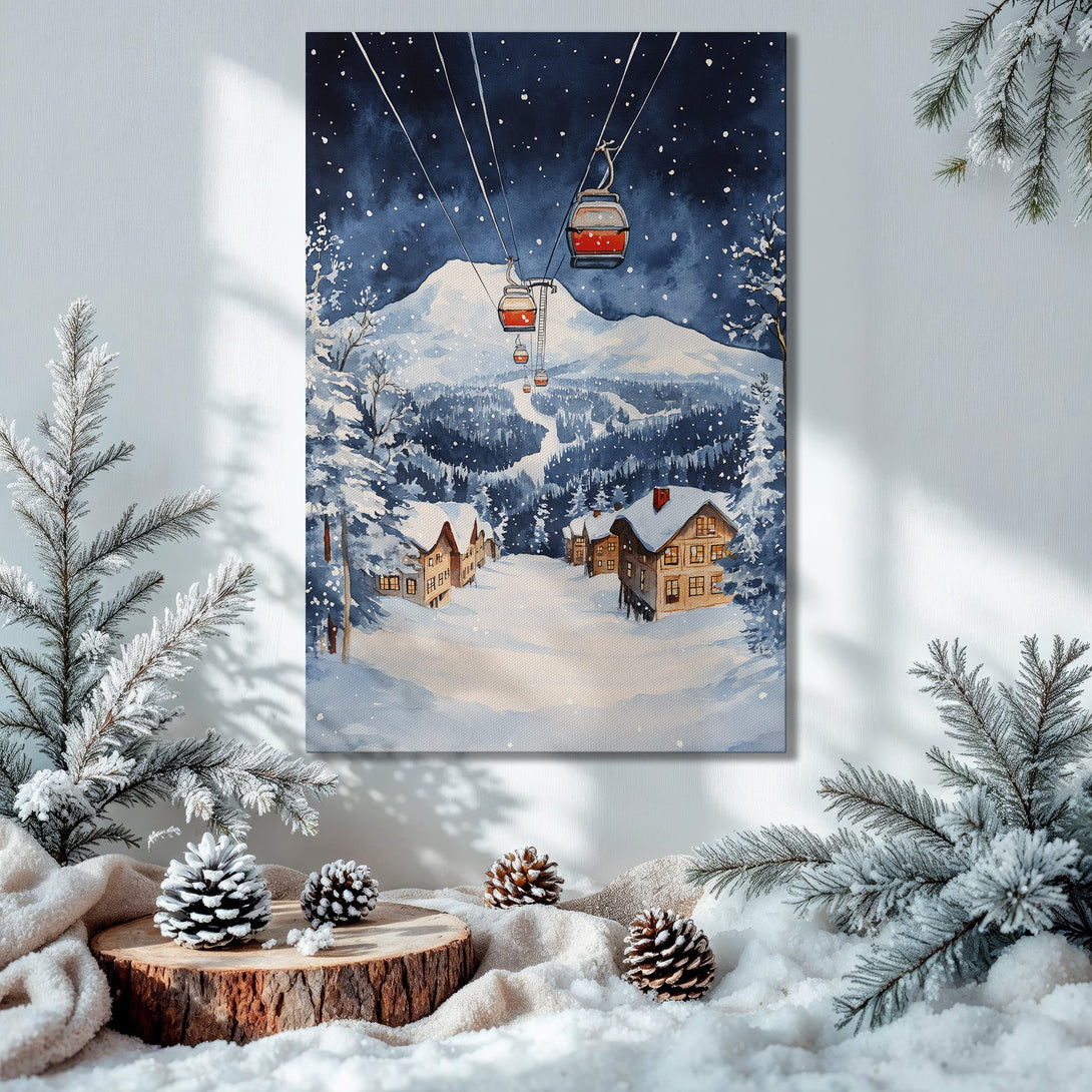 Framed Wall Art: Watercolor winter ski scene in blue and white tones, displayed in a cozy Christmas interior. Perfect holiday decor!
