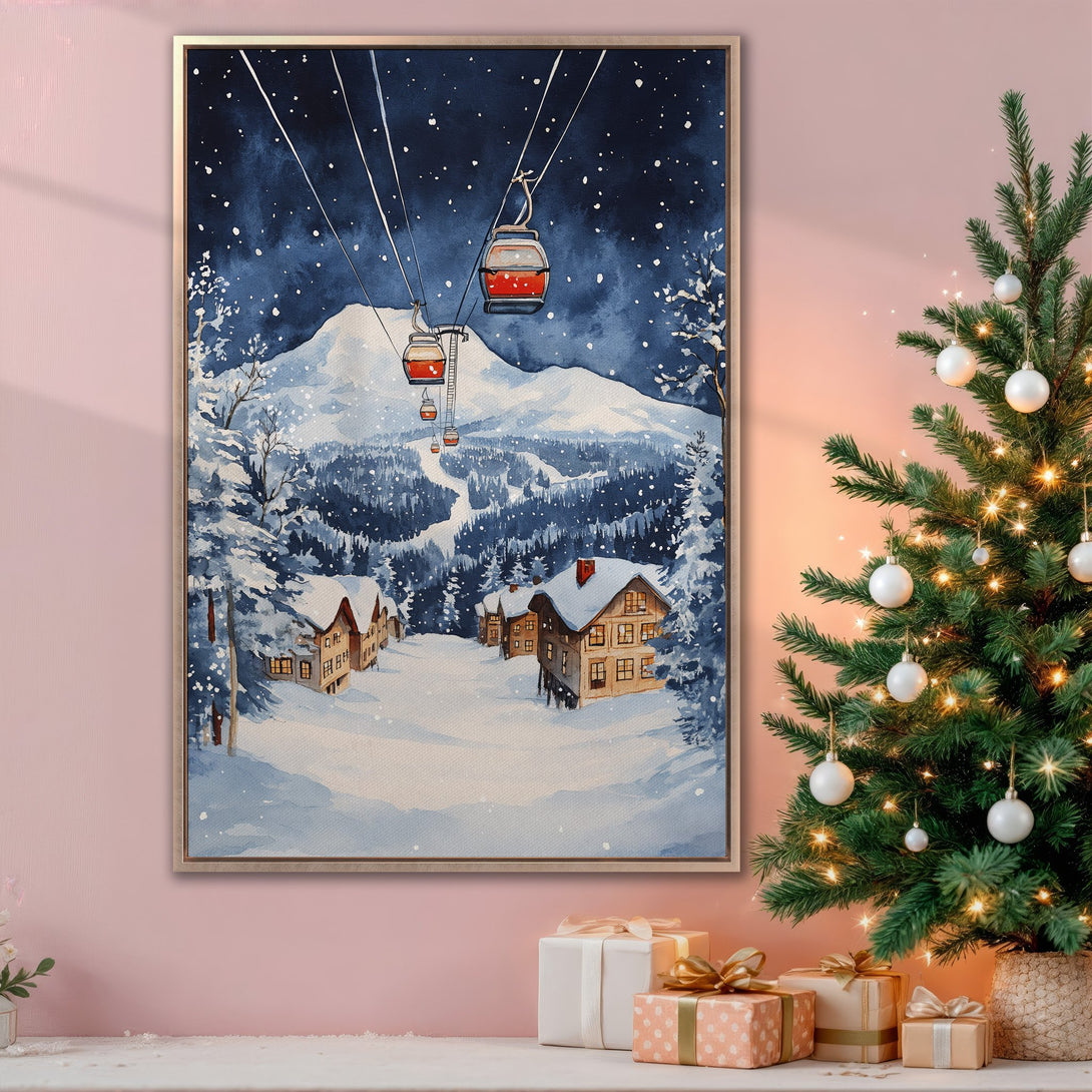 Framed Wall Art: Watercolor winter ski scene in blue, white, and brown tones. Perfect for cozy decor. Add a touch of winter wonderland to your home!