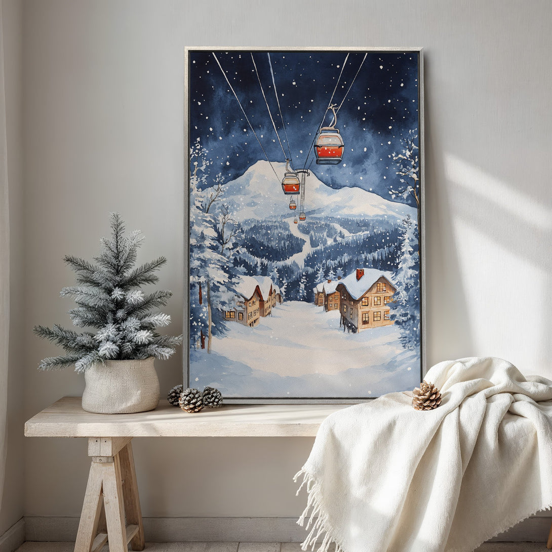 Framed Wall Art: Watercolor winter ski scene in blue and white. Cozy mountain cabins and ski lift. Perfect for winter decor.