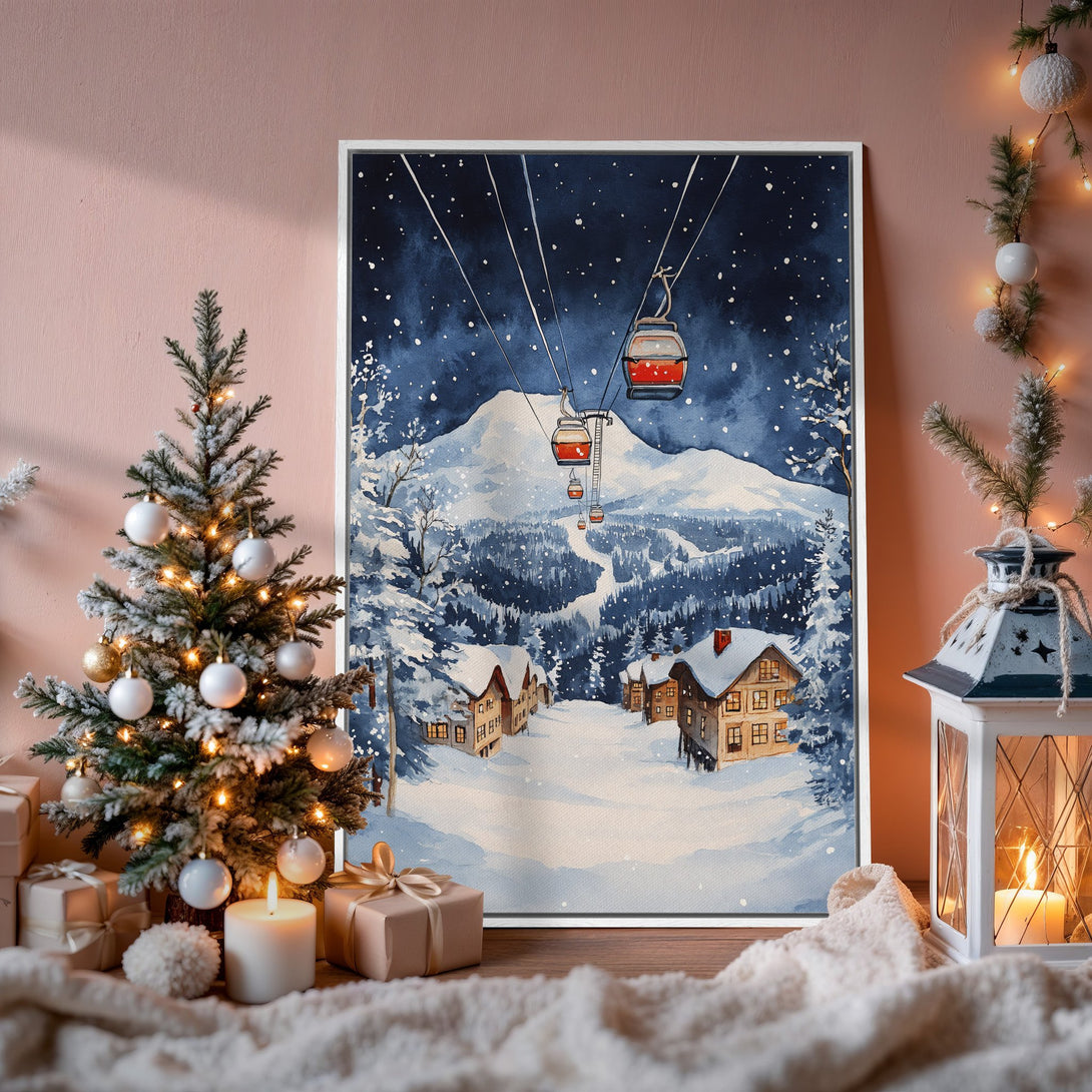 Framed Wall Art: Watercolor winter ski scene in blue and white. Cozy art for your home. Perfect holiday gift!