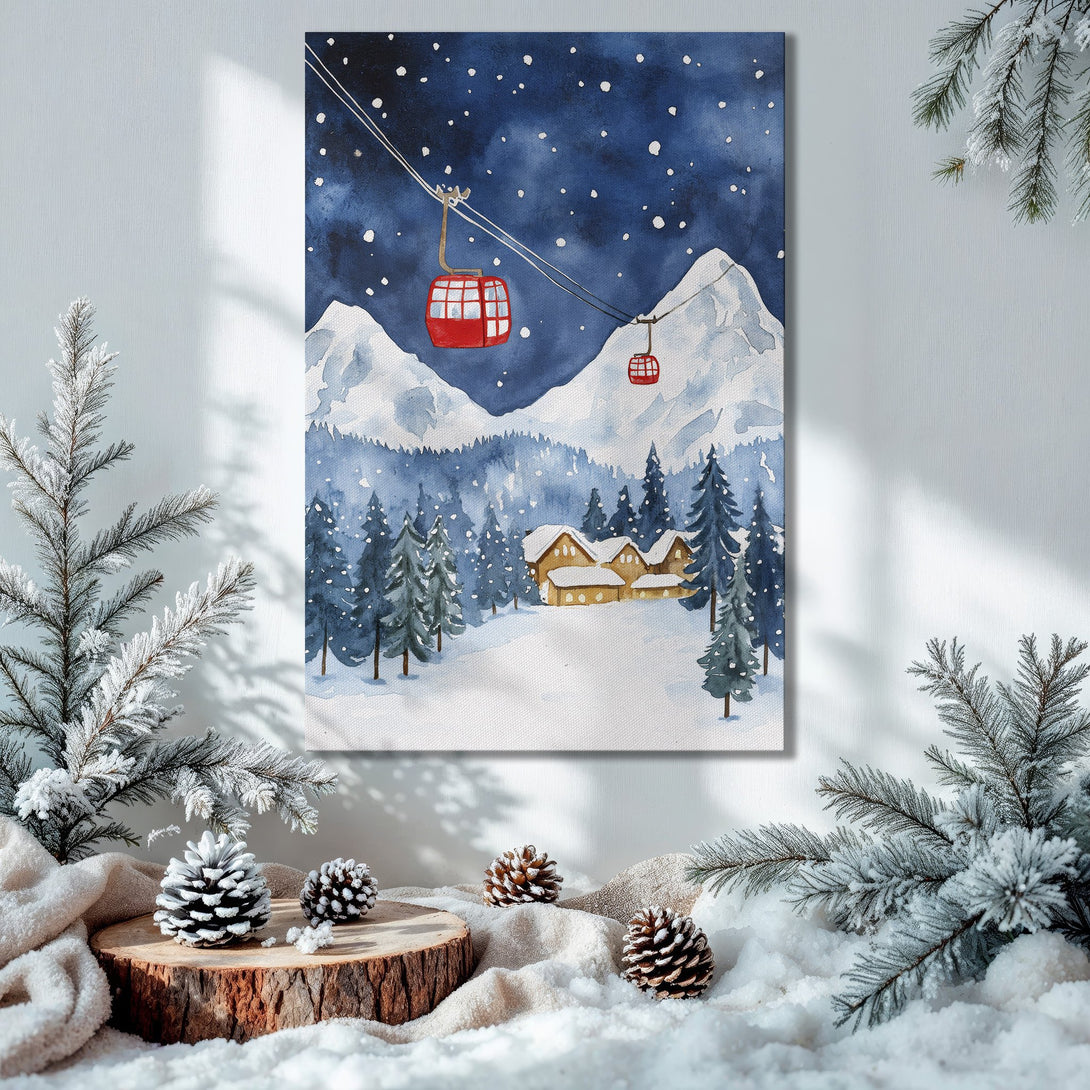 Framed Wall Art: Watercolor winter landscape with cable cars, snowy mountains, and a cabin. Blue, white, and red color palette. Perfect holiday decor.