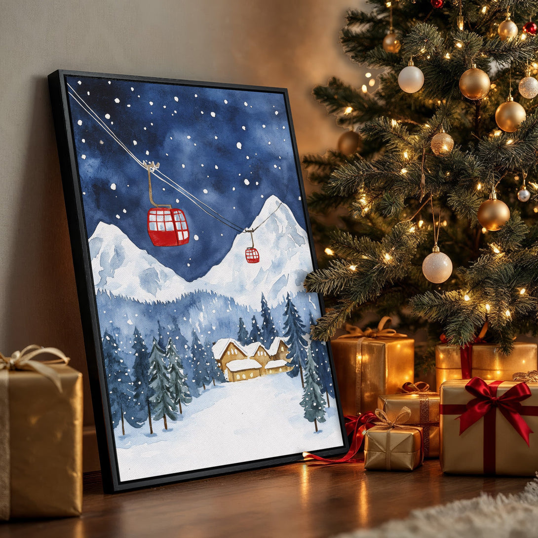 Framed Wall Art: Watercolor winter scene with ski lift, snow-covered mountains, and cabins. Blue, white, and red color palette. Perfect Christmas decor!