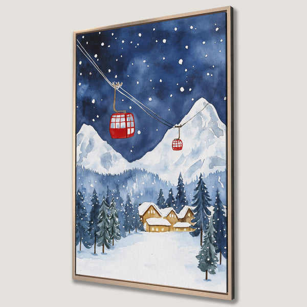 Framed Wall Art: Watercolor winter landscape with ski lift, mountains, and cabins. Blue and white color palette, perfect for cozy decor.