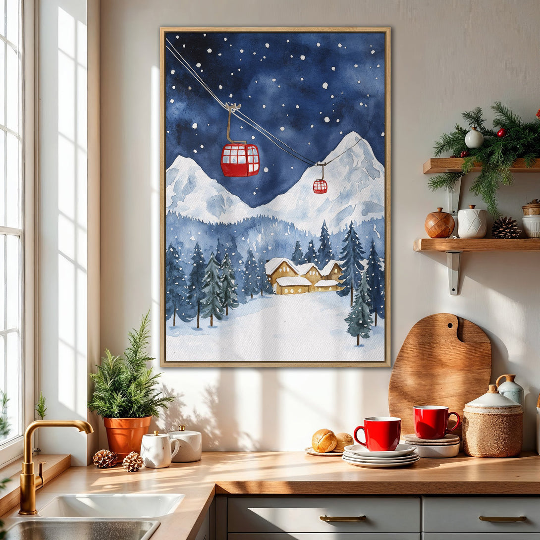 Framed Wall Art featuring a winter landscape with ski lift. Watercolor style with a blue, white, and red color palette, perfect for cozy decor.