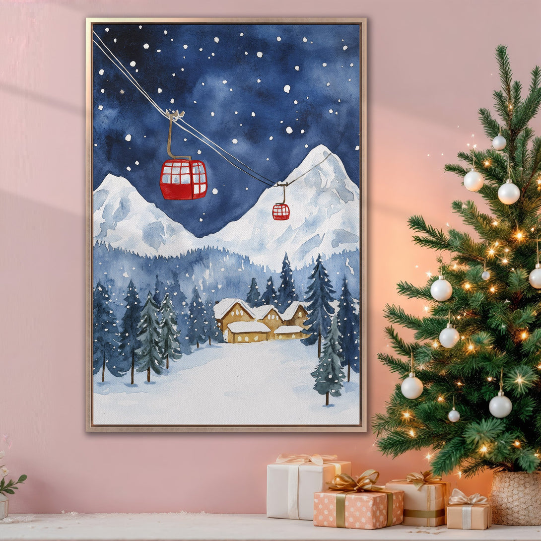 Framed Wall Art: Watercolor winter landscape with ski lift, snowy mountains, and cabin. Blue, white, and red palette. Perfect for holiday decor.