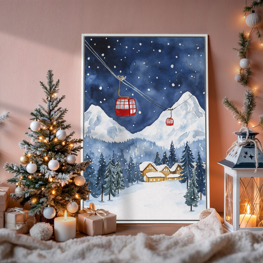 Framed Wall Art: Watercolor winter landscape in blue & white with red gondolas. Cozy holiday decor with a snowy mountain scene.