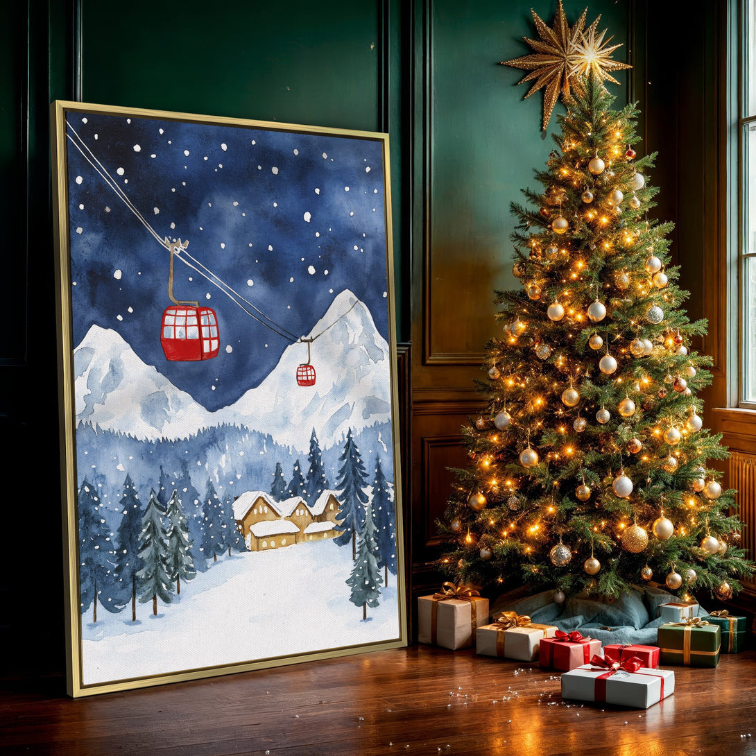 Canvas Print of a winter watercolor scene with a ski lift, mountains, and a cozy cabin. Blue and white color palette, perfect for holiday decor.