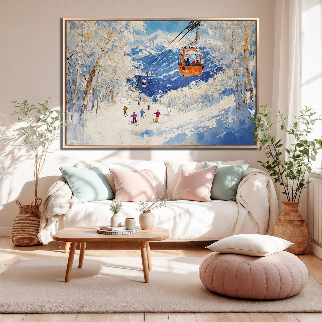 Framed Wall Art Canvas Print of a snowy mountain ski scene in a modern, impressionistic style with blue, white, and orange hues. Perfect for home decor.