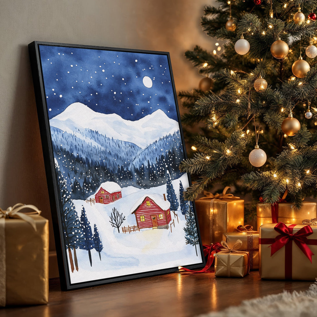 Framed Wall Art of a winter cabin scene in watercolor style. Features a blue, white, and red color palette, perfect for holiday decor.
