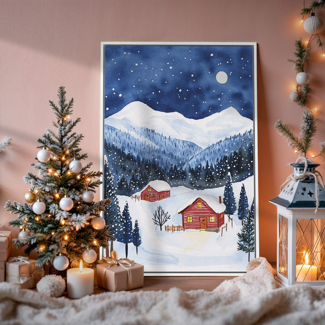 Framed Wall Art: Watercolor winter cabin scene in blue and red. Cozy holiday decor for your home. Shop canvas prints!