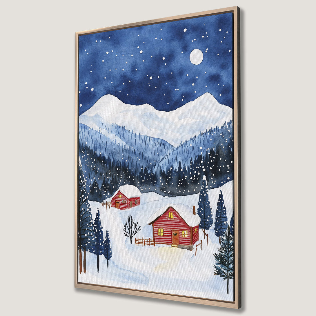 Canvas Print of a winter watercolor scene featuring red cabins in a snowy landscape, with a blue and white color palette.