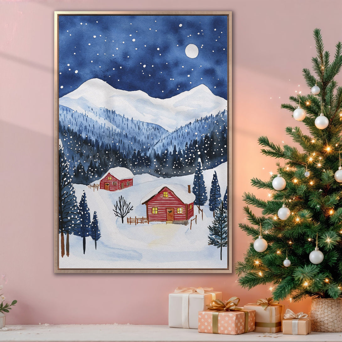 Framed Wall Art: Watercolor winter landscape with snowy mountains and cabins, in a blue and white palette. Perfect holiday decor!