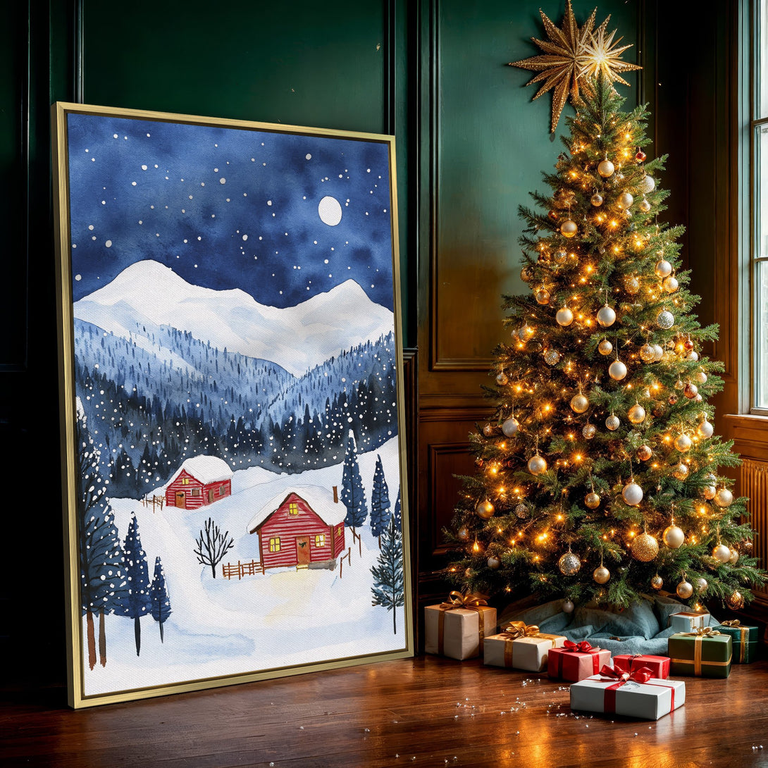 Canvas Print of a winter mountain scene in watercolor style. Features a snowy landscape with red cabins, a blue and white color palette.