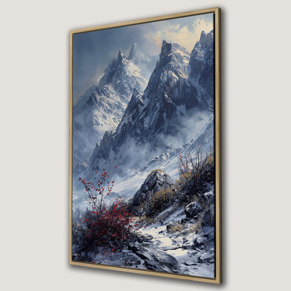 Framed Wall Art: Majestic mountain landscape Canvas Print in cool blue & white tones with pops of red. Elevate your space with stunning nature art!
