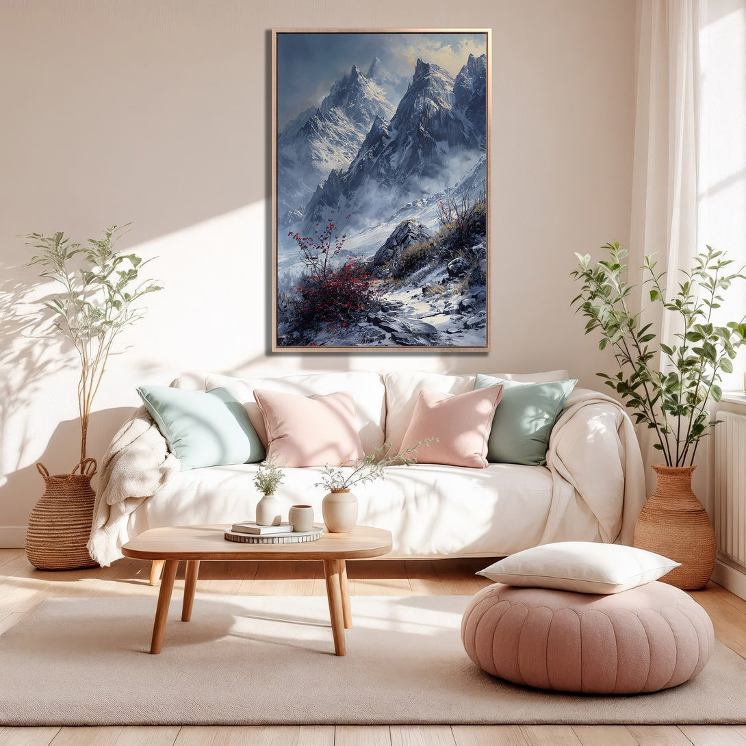 Framed Wall Art of a majestic mountain landscape in cool blues & grays, adding a touch of nature-inspired elegance to any interior.