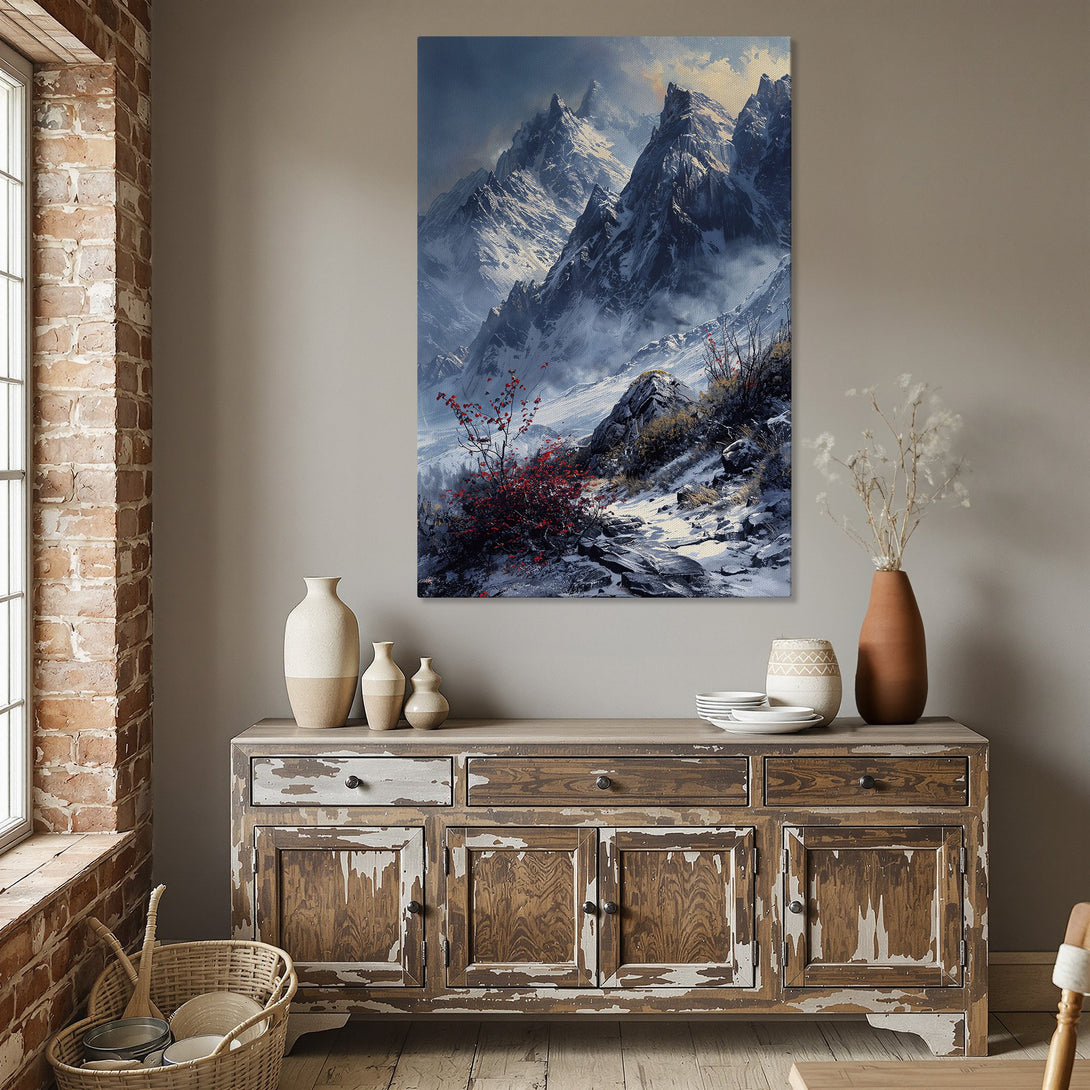 Framed Wall Art featuring a stunning mountain landscape painting in cool blues and grays. Enhance your space with this elegant, nature-inspired Canvas Print.