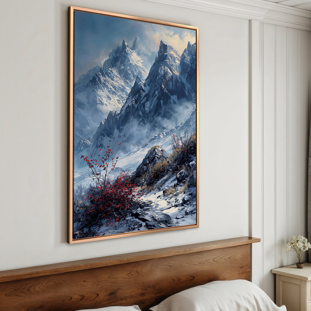 Framed Wall Art: Majestic mountain landscape canvas print in cool blue and white tones. Bring the beauty of nature into your home!