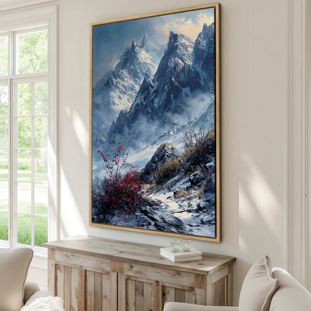 Framed Wall Art: Majestic mountain landscape Canvas Print in cool blues and whites, adding a touch of nature's beauty to your home decor.