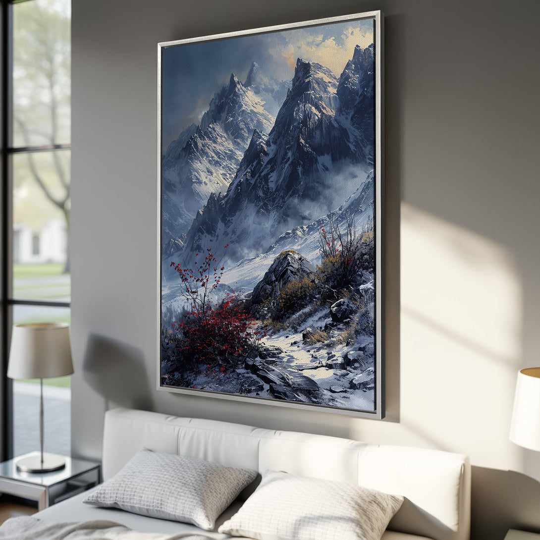 Framed Wall Art of a majestic mountain landscape in a cool blue and gray palette, adding a touch of nature-inspired elegance to any room.