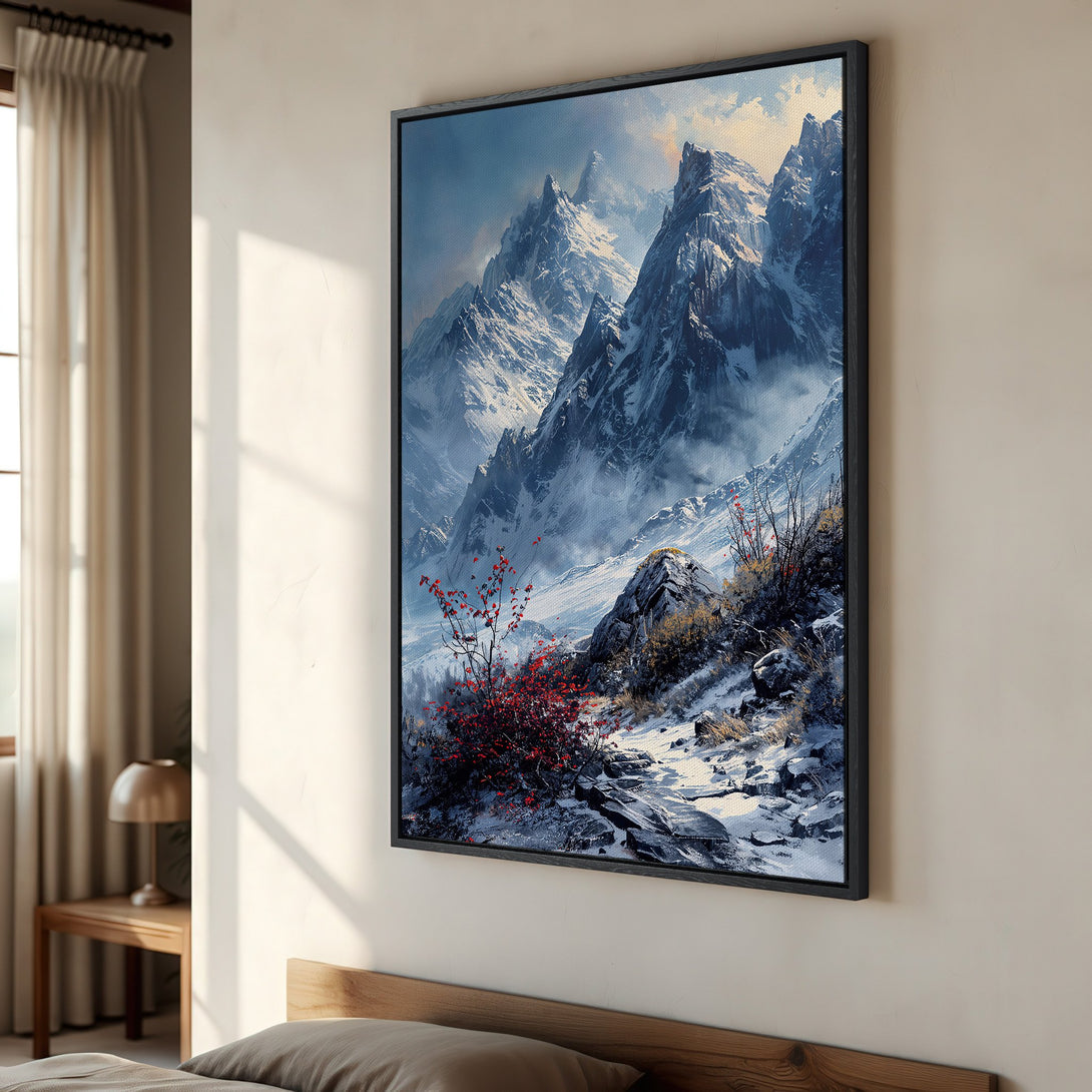 Framed Wall Art: Majestic mountain landscape Canvas Print. Blue, white, and red color palette. Perfect for adding a touch of nature to your home decor.