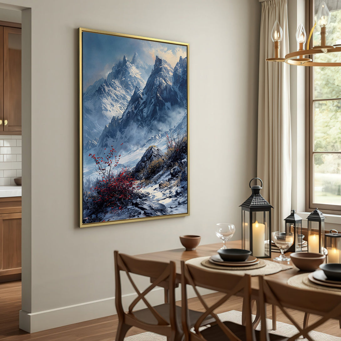 Canvas Print of a snowy mountain landscape in blue and white, displayed in a rustic interior. Perfect wall art for your home!