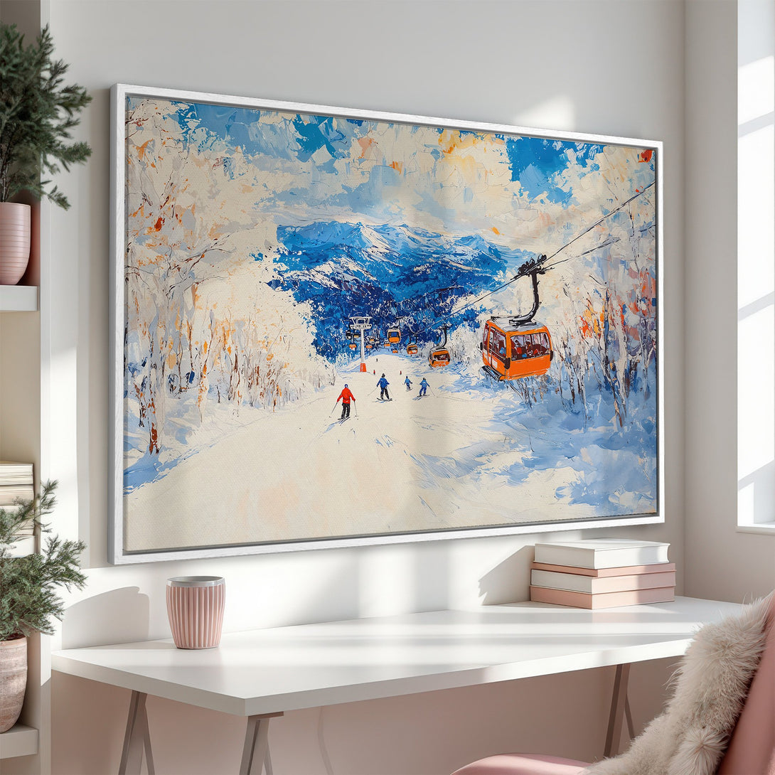 Framed Wall Art: Winter ski scene canvas print. Bold brushstrokes in blue, white, and orange. Perfect for adding a touch of mountain charm to your home.