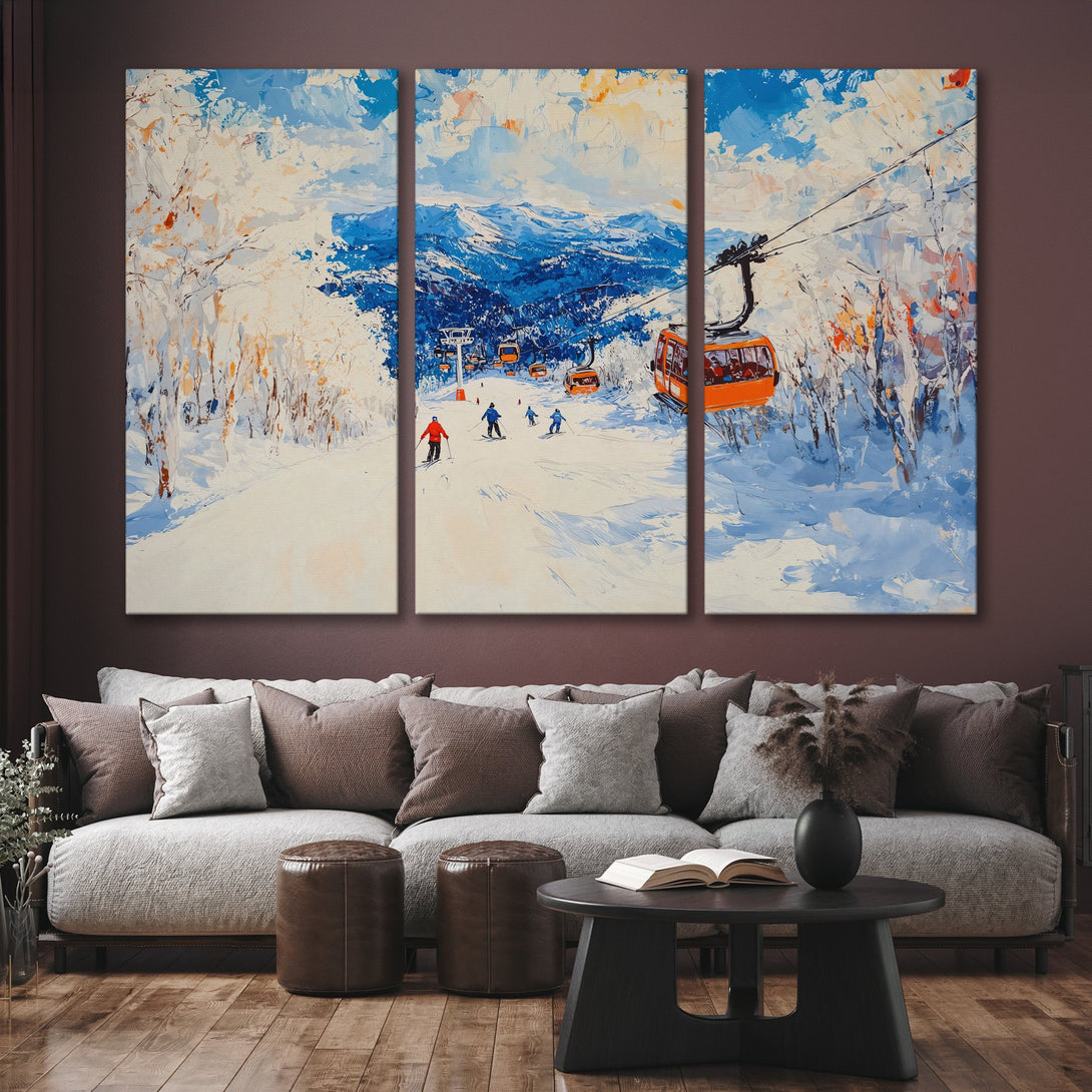 Canvas Print of a vibrant ski resort scene with blue, white, and orange hues. Modern, impressionistic style adds a touch of winter charm to any space.