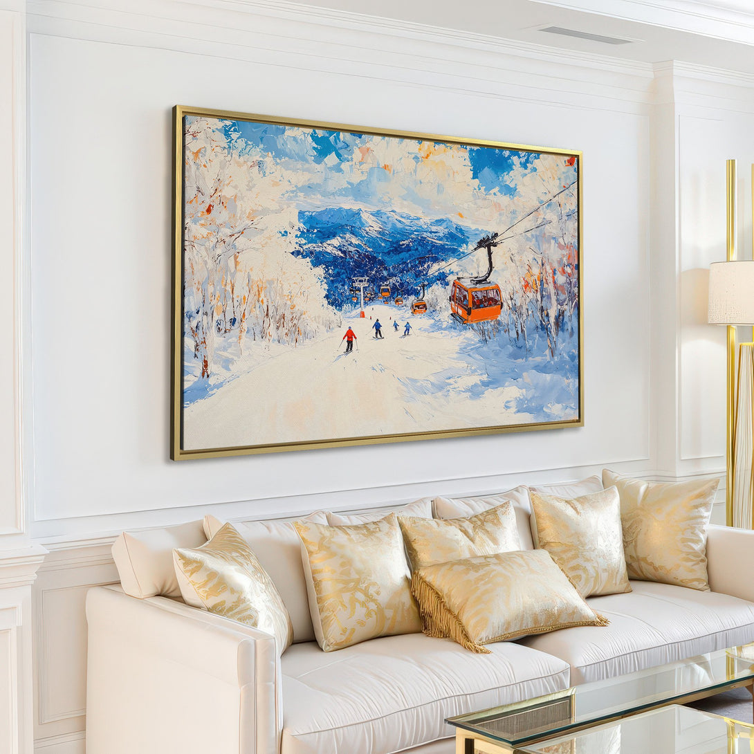 Canvas Print of a vibrant ski resort scene. Impressionistic style with blue, white, and orange hues. Perfect wall art for a cozy living room.