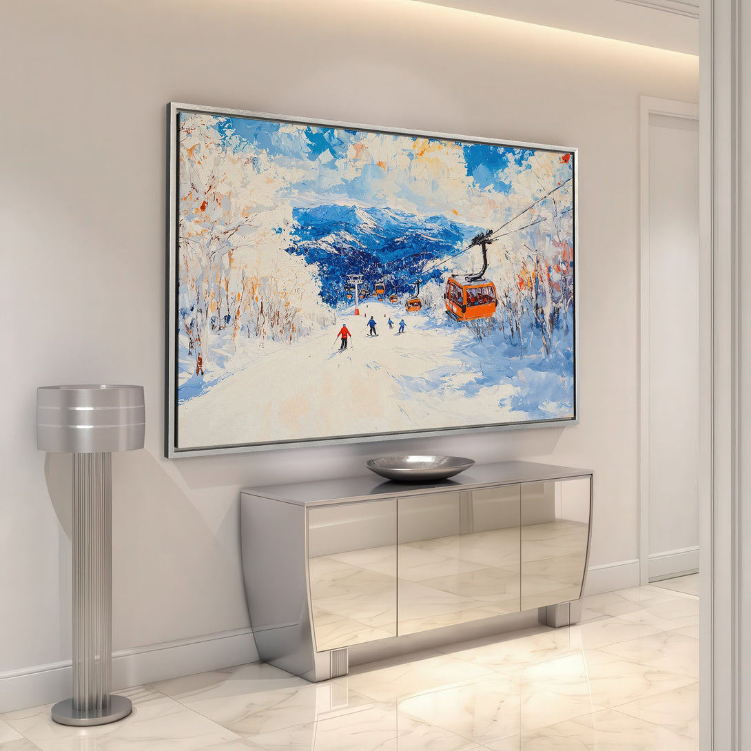 Framed Wall Art: Ski slope scene in a modern interior. Blue, white, and orange palette. Add a touch of nature to your home with this stunning canvas print!