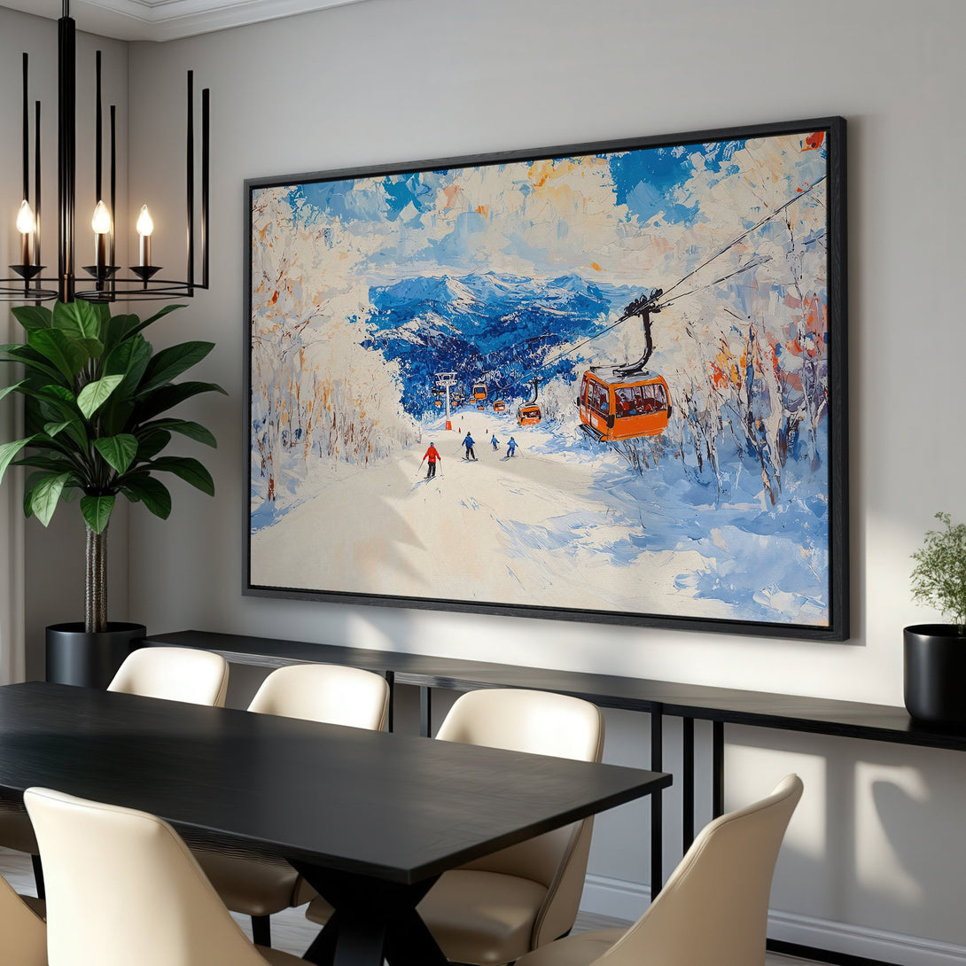 Framed Wall Art: Winter ski scene canvas print with vibrant blues, oranges, and whites. Perfect for adding a touch of mountain charm to your home decor.