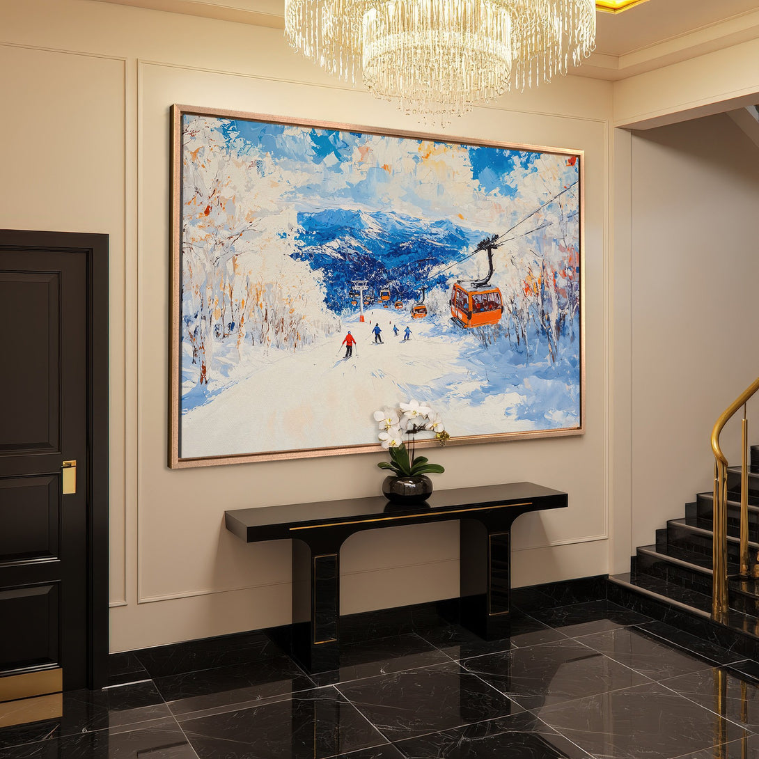 Framed Wall Art: Ski slope scene in blue, white, and orange. Modern impressionist style canvas print adds a touch of elegance to any interior.