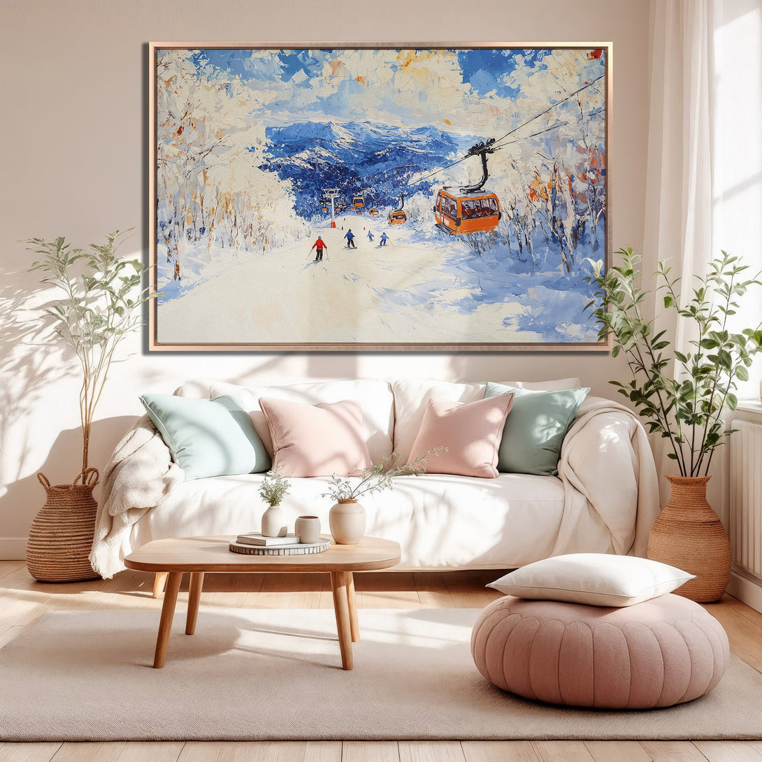 Framed Wall Art: Winter landscape Canvas Print with skiers, ski lift, and mountains. Impressionistic style with blue, white, orange, and neutral tones. Perfect for home decor.