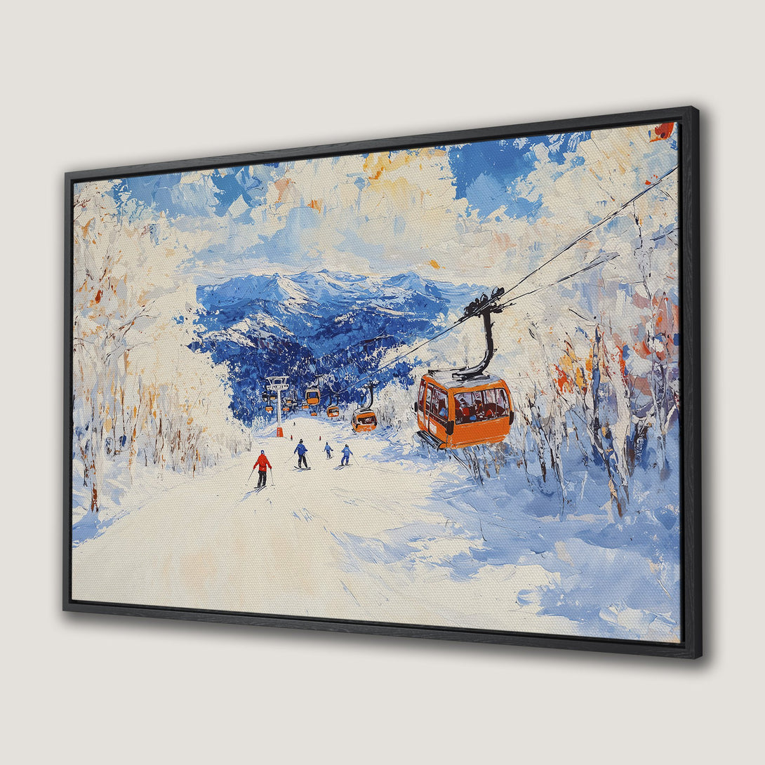 Framed Wall Art: Winter ski scene Canvas Print with impressionistic style, featuring skiers, ski lifts, and a blue, orange, and white color palette.