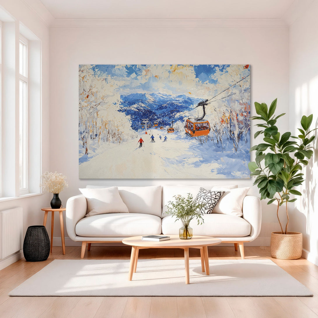 Framed Wall Art: Winter ski scene canvas print in a gold frame. Impressionist style with blue, white, and orange color palette. Perfect for living room decor.