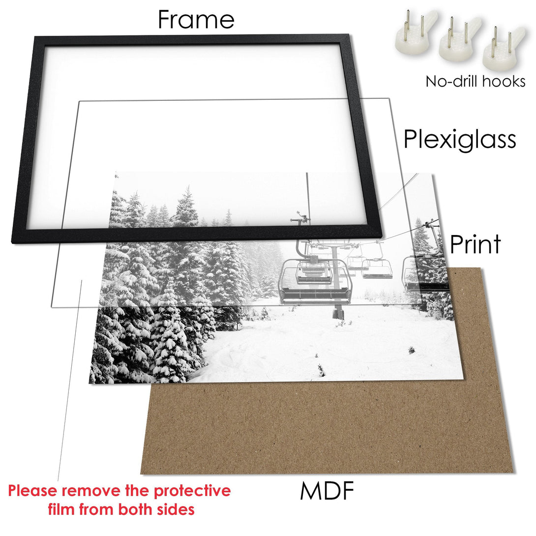Framed Poster featuring a snowy mountain scene in black and white. Perfect for adding a touch of nature to your home decor.