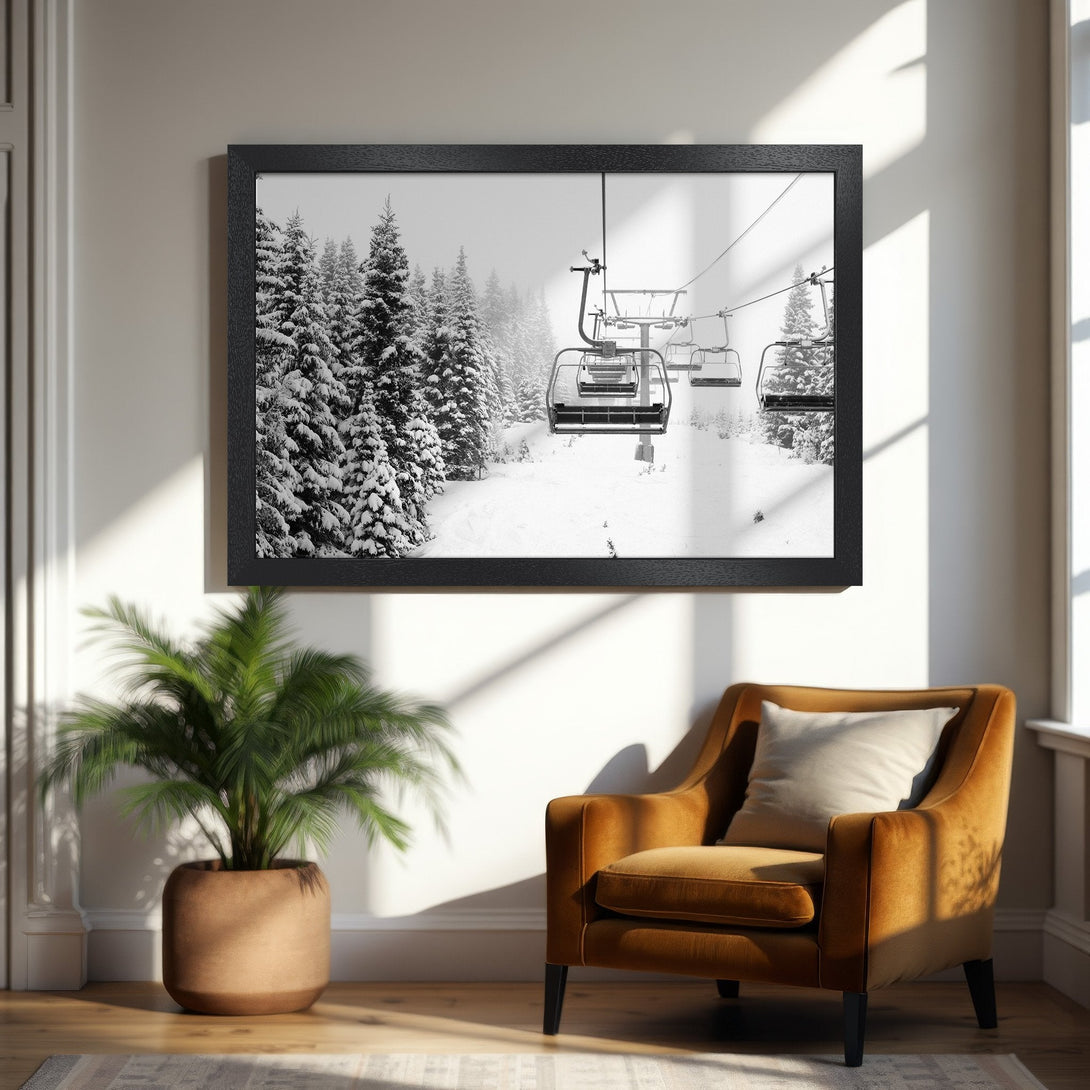 Framed Poster of snowy ski lift scene in black and white. Modern art for home decor.