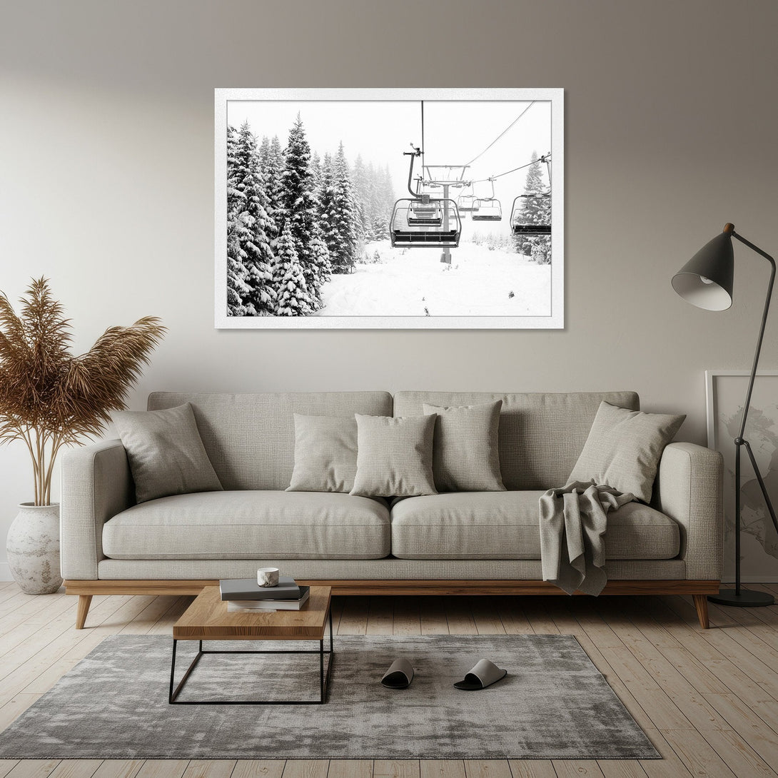 Framed Poster featuring a black and white winter ski lift scene. Minimalist style with a neutral color palette, perfect for home decor.