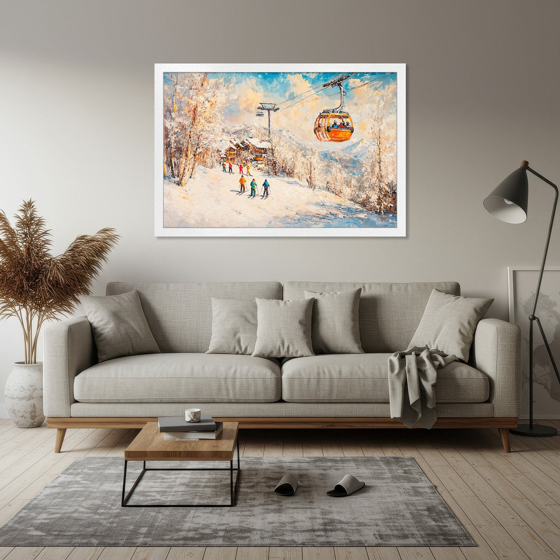 Framed Poster of a winter ski scene, impressionistic style with a warm, vibrant color palette. Perfect wall art for cozy interiors.