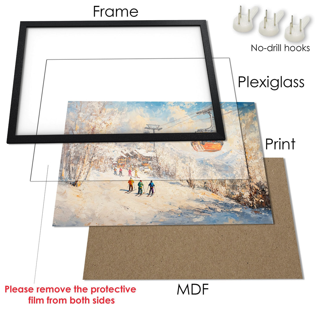 Framed Poster of a snowy ski scene in a painterly style with a blue and white color palette. Perfect wall art!