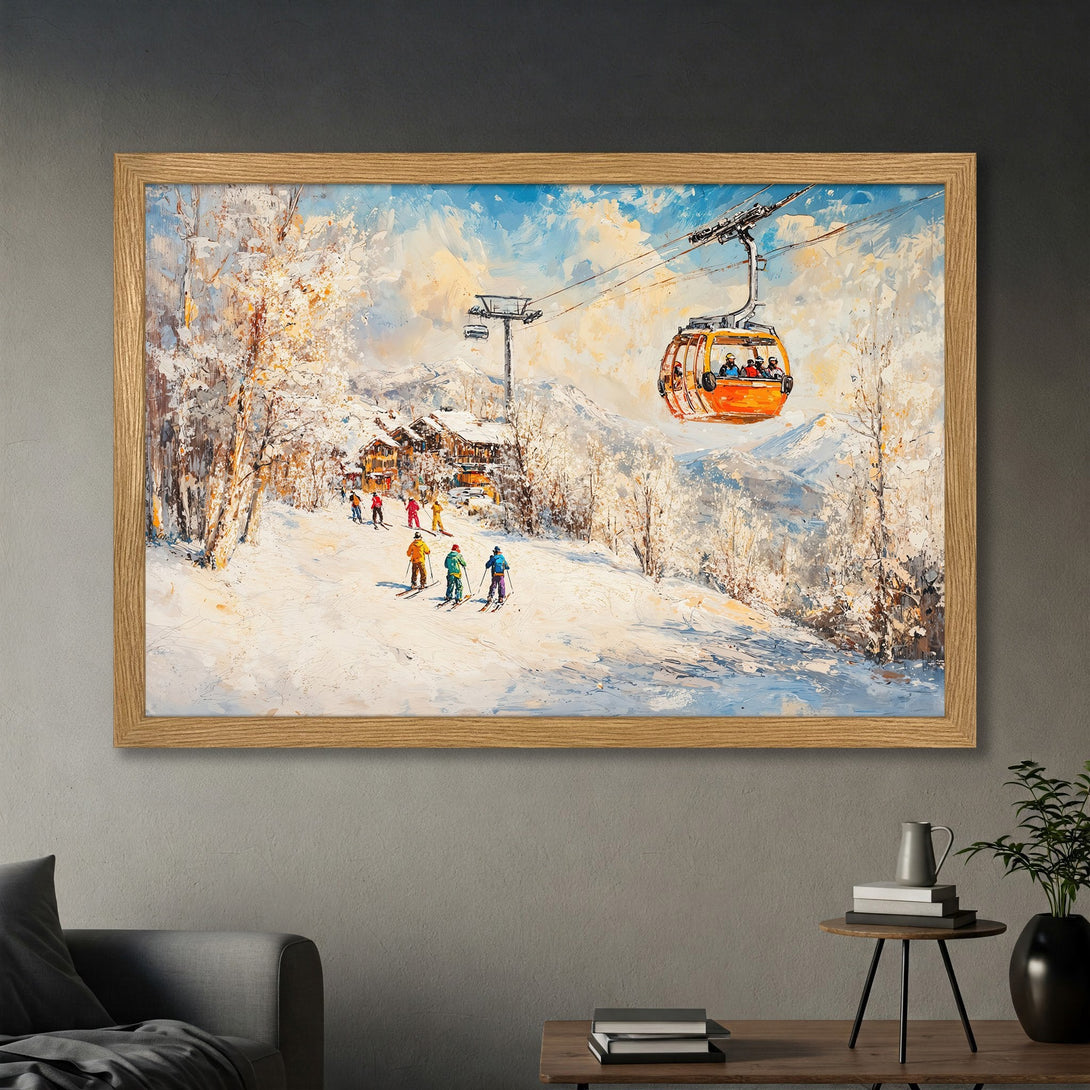 Framed Poster of a snowy ski resort scene. Oil painting style with blue, white, and orange hues. Add a touch of winter to your home!